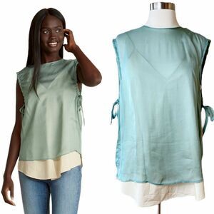 ALYSI Chocolat Silk Blouse Side Ties Sleeveless Italy Green Ivory Layered IT 44